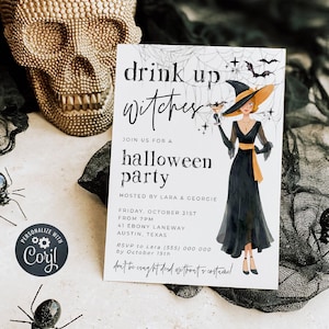 Drink Up Witches Halloween Invitation Template, Printable Costume Party Invite, Editable Cocktail Bats Witch Invite, Digital Download image 1