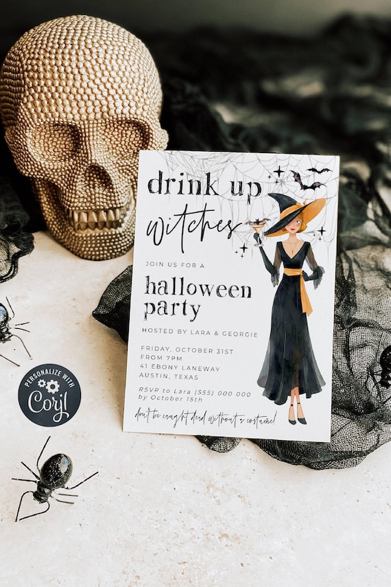 Drink Up Witches Halloween Invitation Template, Printable Costume Party Invite, Editable Cocktail Bats Witch Invite, Digital Download