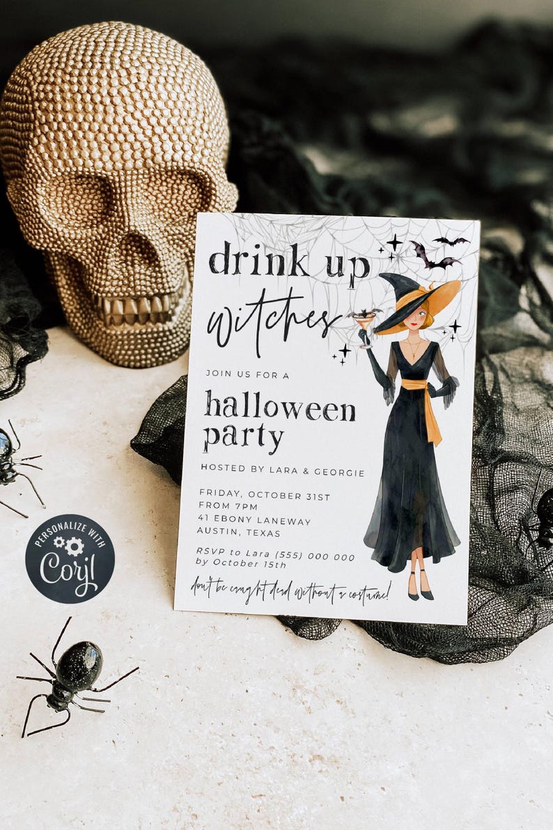Drink Up Witches Halloween Invitation Template, Printable Costume Party Invite, Editable Cocktail Bats Witch Invite, Digital Download image 1