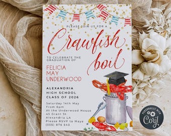 Crawfish Boil Graduation Party Invitation Template, Printable Crawgrad Graduate Announcement, Editable Grad Party Invite, Digital Download