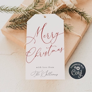 Plantilla de etiqueta de regalo minimalista de Feliz Navidad, etiqueta de regalo de fiesta navideña moderna imprimible, etiqueta de escritura elegante simple editable, descarga instantánea