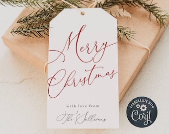 Minimalist Merry Christmas Gift Tag Template, Printable Modern Holiday Party Favor Tag, Editable Simple Elegant Script Tag, Digital Download