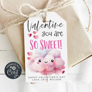 Modelo de etiqueta de presente de algodão doce para o dia dos namorados, etiquetas para impressão You Are So Sweet Valentine, etiquetas editáveis para sala de aula, download instantâneo