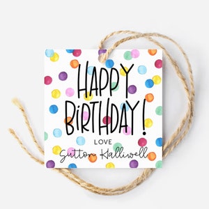 Alles Gute zum Geburtstag Favor Tag Vorlage, Druckbare Regenbogen Flecken Quadrat Party Geschenkanhänger, bearbeitbare moderne Aquarell Punkte Tags, Sofort Download