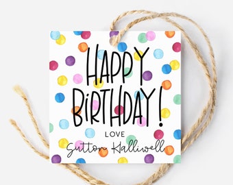 Happy Birthday Favor Tag Template, Printable Rainbow Spots Square Party Gift Tags, Editable Modern Watercolor Dots Tags, Digital Download