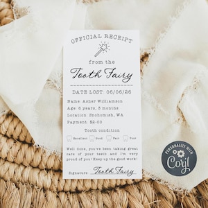 May include: A white "Official Receipt" from the Tooth Fairy, with a wand illustration. The receipt includes the date, child's name, age, location, and payment amount. It also has a tooth condition section and a message.