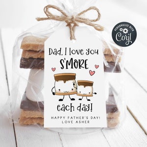 Vatertag S'mores Geschenkanhänger Vorlage, druckbare Vatertags Favor Tag, ich liebe dich S'more jeden Tag, bearbeitbares Tag für Papa, sofortiger Download