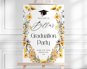 Wildflowers Graduation Welcome Sign Template, Printable Modern Boho Graduate Welcome Board, Editable Grad Party Poster, Digital Download #G3