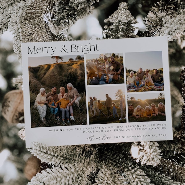 Merry & Bright Photo Holiday Card Template, Printable Modern Minimal Christmas Card, Editable Family Picture Holiday Card, Instant Download