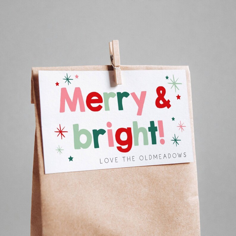 Merry & Bright Christmas Gift Tag Template, Printable Colorful Holiday ...