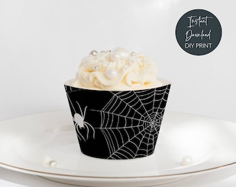 Printable Halloween Cupcake Wrappers, Spiderweb Cupcake Wraps, Black Spiders Wrappers, DIY Halloween Party Decor, Instant Download