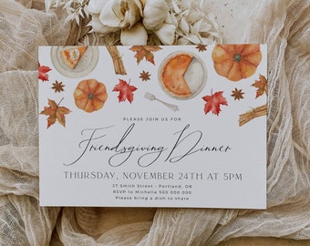 Friendsgiving Dinner Invitation Template, Printable Thanksgiving Pies Invite, Editable Modern Potluck Feast Invite, Instant Download