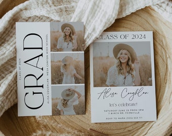 Modern Grad Announcement Template, Printable Photo Graduation Party Invitation, Editable Stacked Minimal Graduate Invite, Instant Download