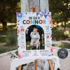 Puede incluir: Un letrero personalizado para una celebración de primer cumpleaños. El letrero presenta una foto de un bebé y incluye detalles como la fecha de nacimiento, el peso (8,6 kg), la altura (53 cm), las comidas y los libros favoritos. El diseño incorpora elementos rojos, blancos y azules.