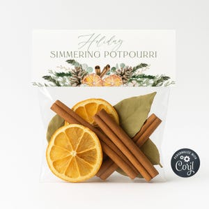 May include: A clear cellophane bag filled with dried orange slices, cinnamon sticks, and bay leaves. The bag is topped with a decorative card that reads "Holiday Simmering Potpourri" with festive illustrations.