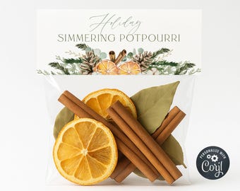 May include: A clear cellophane bag filled with dried orange slices, cinnamon sticks, and bay leaves. The bag is topped with a decorative card that reads "Holiday Simmering Potpourri" with festive illustrations.