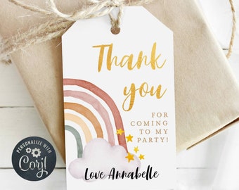 Editable Rainbow Birthday Party Gift Tags, Printable Boho Rainbow Favor Tags, First Birthday Bohemian Thank You Tags, Instant Download, #BR