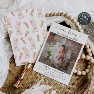 Ostern Neugeborenen Ankündigung Vorlage, bedruckbar Einige Hase ist angekommen Geburtsankündigungskarte, bearbeitbare Baby Fotokarte, sofortiger Download