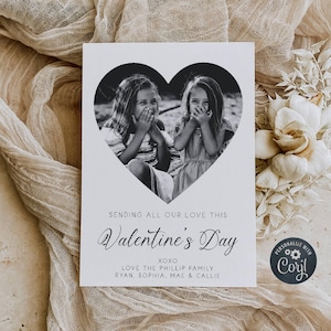 Modèle de carte photo Saint-Valentin coeur, carte de vœux moderne imprimable pour la Saint-Valentin, carte de voeux photo de famille modifiable, téléchargement immédiat