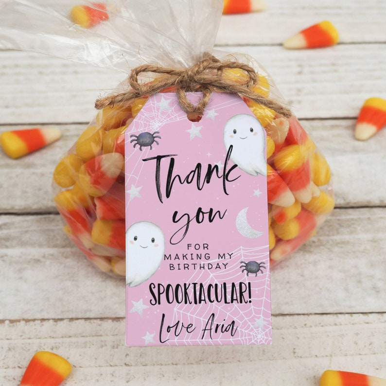 May include: Pink thank you tag with a ghost and spider design. The tag says "Thank you for making my birthday spooktacular! Love Aria".