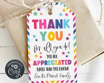 Plantilla de etiqueta de agradecimiento para regalo, etiquetas imprimibles de agradecimiento, etiqueta editable para maestros, personal, empleados, enfermeras, voluntarios y conductores, descarga digital.