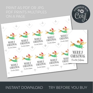 May include: Printable gift tags featuring a watercolor illustration of a dachshund wearing a Santa hat and a green sweater. The tags say "Merry Christmas from the Sullivans".