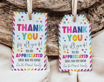 Thank You Gift Tag Template, Printable Appreciation Favor Tags, Editable Teacher Staff Employee Nurse Volunteer Driver Tag, Instant Download