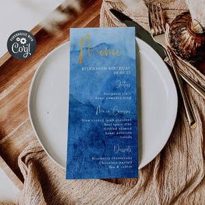 Elegante Blau & Gold Menüvorlage, Druckbare Menükarten Geburtstag, Bearbeitbare Moderne Blaue Ombre Aquarell Menüs, Sofort Download, #AB