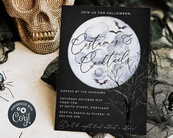 May include: A black and white Halloween party invitation with a moon and bats. The text reads "Join us for Halloween Costumes & Cocktails Hosted by the Jacksons Saturday October 31st from 7pm 27 Smith Street, Portland RSVP to Sophia by October 15 500 000 000 Don't be caught dead without a costume!"