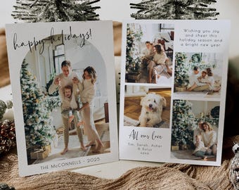 Plantilla moderna de tarjeta navideña con foto de arco, tarjeta de Navidad minimalista imprimible, tarjeta de felicitación navideña con fotos familiares editable, descarga digital.