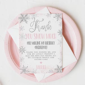 Bewerkbare winter Onederland roze verjaardag bedankkaartsjabloon, afdrukbare eerste verjaardag sneeuwvlok bedankje, instant download, #WP