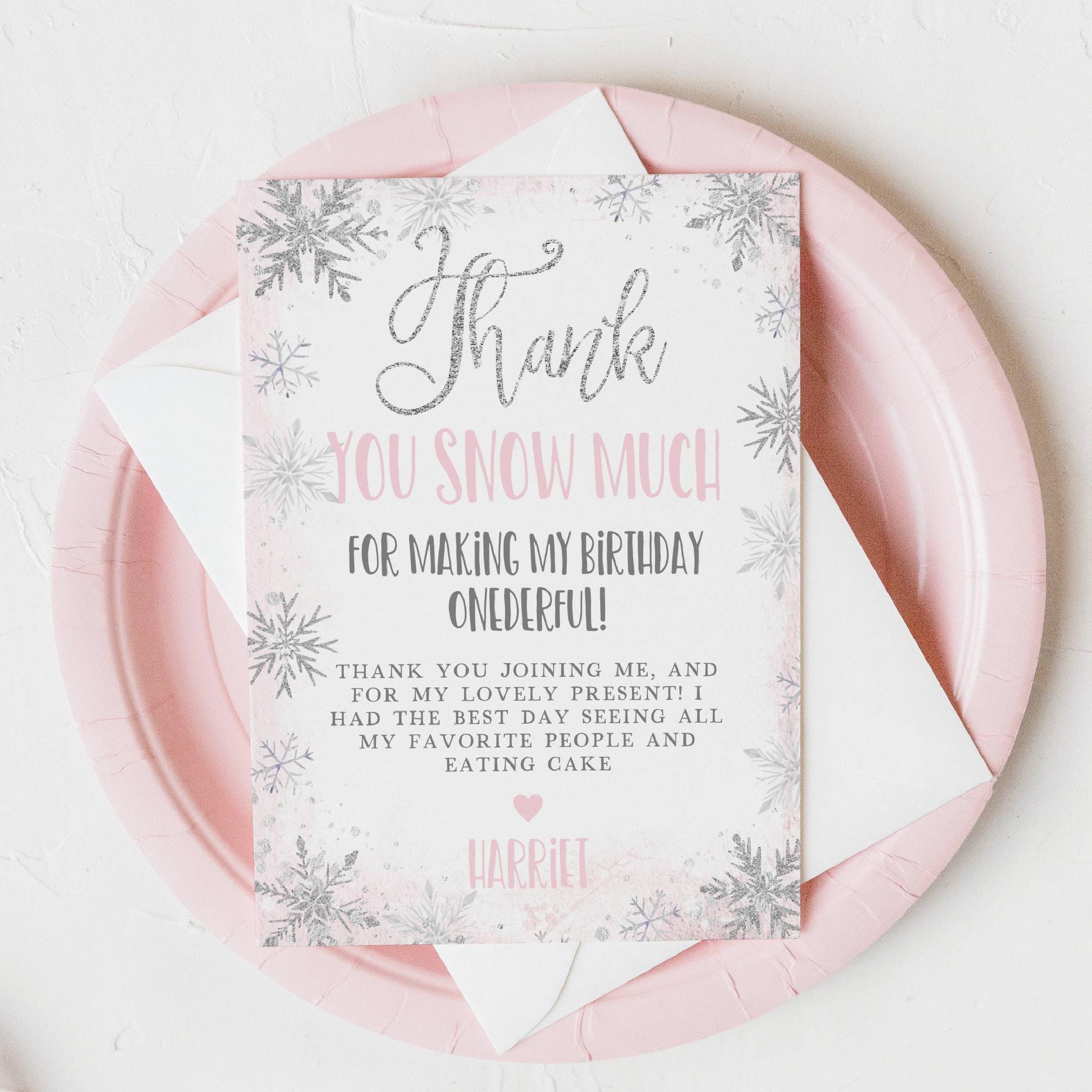 Editable Winter Onederland Pink Birthday Thank You Card Template ...
