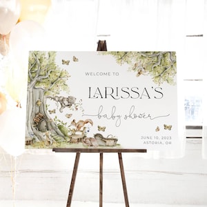 Modello di cartello di benvenuto per baby shower nel bosco, poster di benvenuto stampabile con animali della foresta, cartello per baby shower verde modificabile, download immediato, #WS