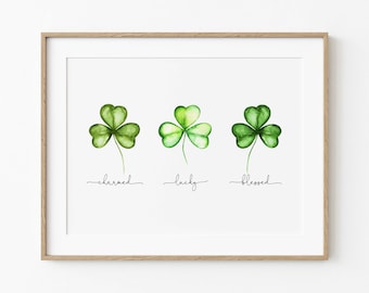 St. Patrick's Day Charmed Lucky Blessed Printable Wall Art, St Patricks Decor, Clover Shamrock Wall Art, Instant Download