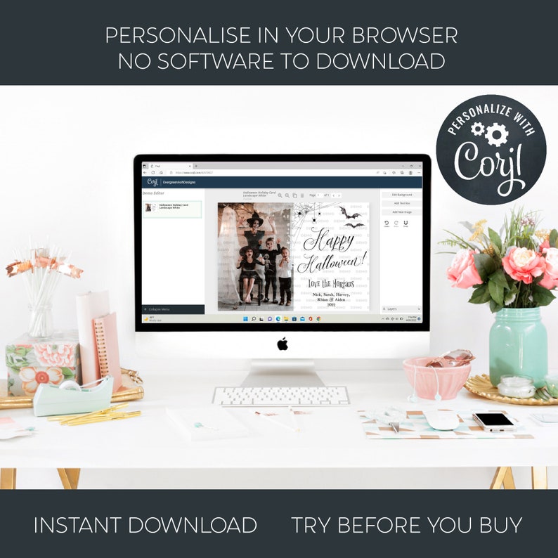 May include: A desktop computer monitor displaying a Corjl web interface for a customizable Halloween holiday card template. The screen shows a photo of a family in costumes next to text that reads Happy Halloween, Love The Morans, and 2022.