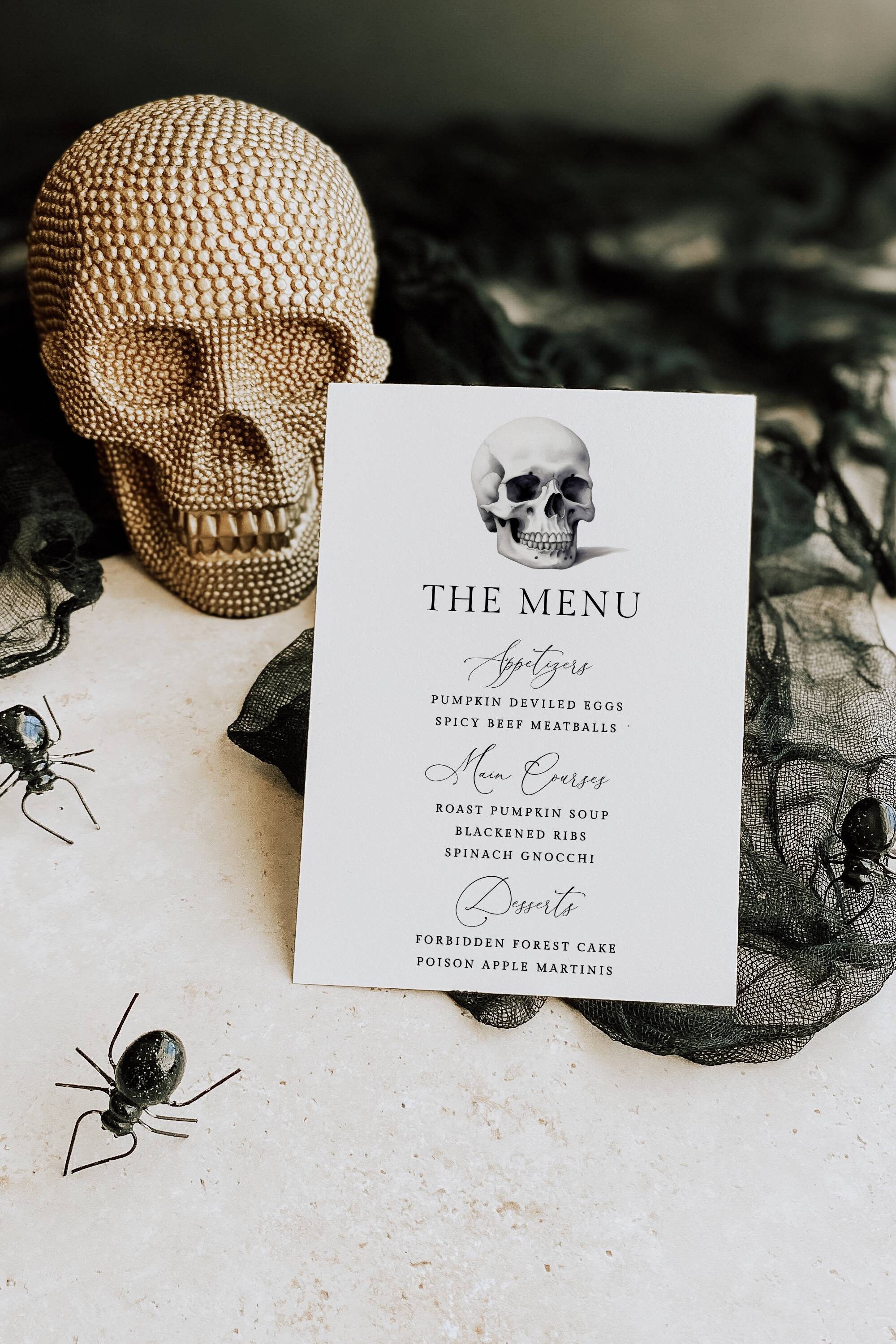 Minimalist Skull Halloween Menu Template, Printable Spooky Dinner Party ...