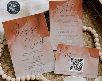 Rust & Gold Wedding Invitation Set Template, Printable Burnt Orange Wedding Suite, Editable Watercolor Terracotta Invite, Details, RSVP #WC3