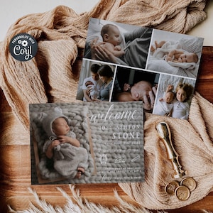 Modèle photo de faire-part de naissance, carte de naissance imprimable pour nouveau-né, faire-part de naissance modifiable dessinés à la main doodles, téléchargement immédiat