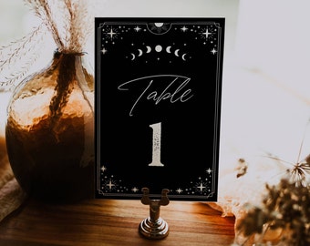 Tarot Card Table Number Template, Printable Gothic Halloween Wedding Table Signs, Editable Modern Celestial Decor, Instant Download, #H9