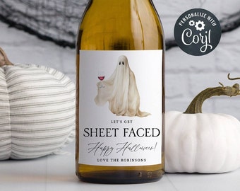 Let's Get Sheet Faced Halloween Wine Bottle Label Template, Printable Ghost Wine Label, Editable Hallowine Sticker, Instant Download, #SF