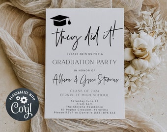 They Did It Graduation Party Invitation Template, Printable Double Graduate Announcement, Editable Modern Grad Invite, Instant Download
