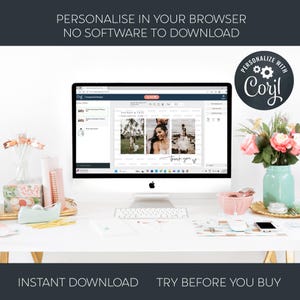 May include: A computer monitor displays a customizable thank you card template with three photo slots and the text Thank you. The screen shows the Corjl editing interface. Above the monitor, text reads Personalise in your browser.