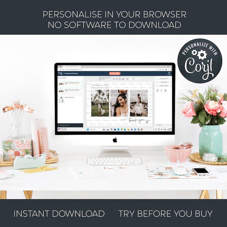 May include: A computer monitor displays a customizable thank you card template with three photo slots and the text Thank you. The screen shows the Corjl editing interface. Above the monitor, text reads Personalise in your browser.
