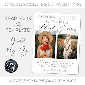 Quarter Page Graduation Yearbook Ad Template, Editable High School Senior Graduate Photo Tribute, Modern Grad Announcement, Instant Download