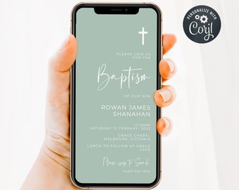 Electronic Sage Green Baptism Invitation Template, Editable Christening Evite, Modern Gender Neutral Digital Invite, Digital Download, #SGB
