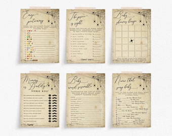 Gothic Halloween Baby Shower Games Bundle, Printable Spooky Vintage Shower Games, Baby Activity, Bingo, Emoji, Digital Download, #H7
