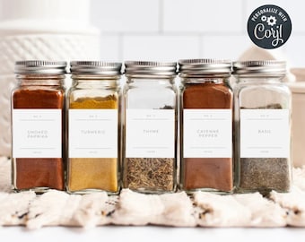 Plantilla editable para etiquetas cuadradas de frascos de especias, etiquetas minimalistas imprimibles para despensa, pegatinas modernas para hierbas, pegatinas personalizadas para frascos de especias, descarga digital.