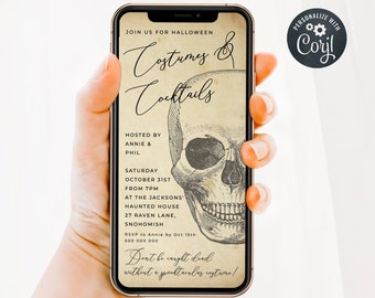 May include: A digital invitation for a Halloween party with a skull graphic and the text "Costumes & Cocktails". The invitation is hosted by Annie and Phil and takes place on Saturday, October 31st at 7pm at the Jacksons' Haunted House, 27 Raven Lane, Snohomish. RSVP to Annie by October 15th at 500 000 000.