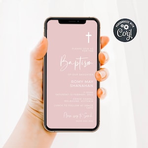 Electronic Blush Pink Baptism Invitation Template, Editable Christening Evite, Modern Girl Digital Communion Invite, Instant Download, #BP