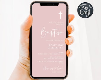 Electronic Blush Pink Baptism Invitation Template, Editable Christening Evite, Modern Girl Digital Communion Invite, Digital Download, #BP